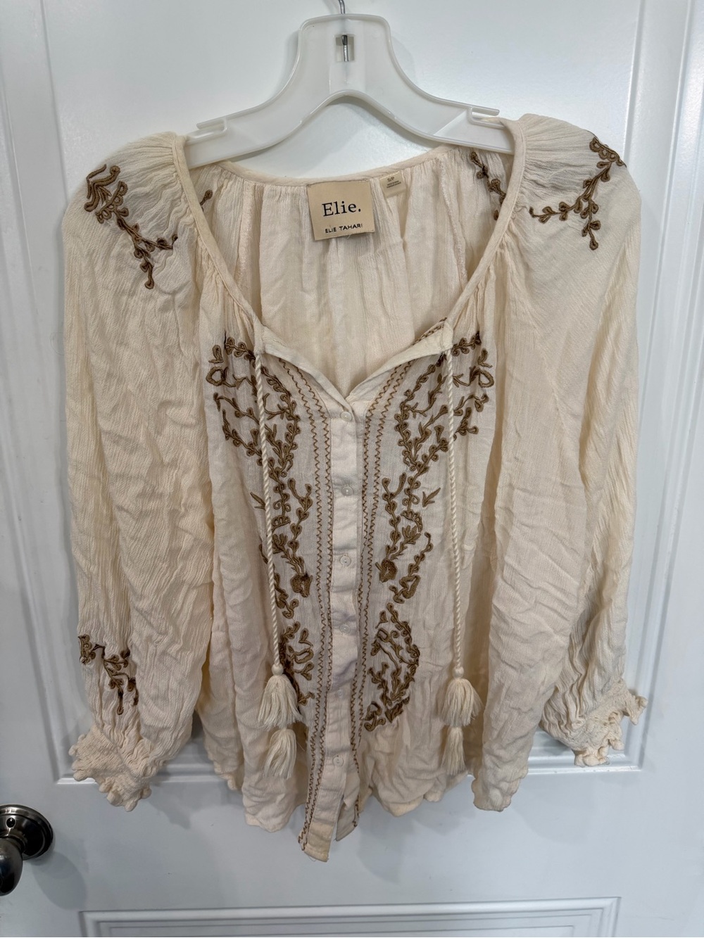 Elie Tahari Cream Embroidered Peasant Blouse